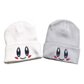 Duo Beanie Rosa Y Blanco Ojitos Gorrito Kirby Invierno Geek