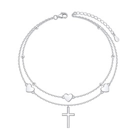 HOOHWE Cross Heart Anklets for Women 925 Sterling Silver Double Layered Anklet Chain Beaded Ankle Bracelets for Women and Girls