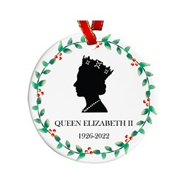 Queen Elizabeth II Wreath Ornament, Ceramic Remembrance Bauble, Memorial Christmas Tree Decoration Keepsake, Red Ribbon