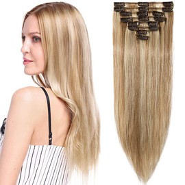 16 inch Clip in Hair Extension Real Human Hair #12/613 Golden Brown&Bleach Blonde (65g)