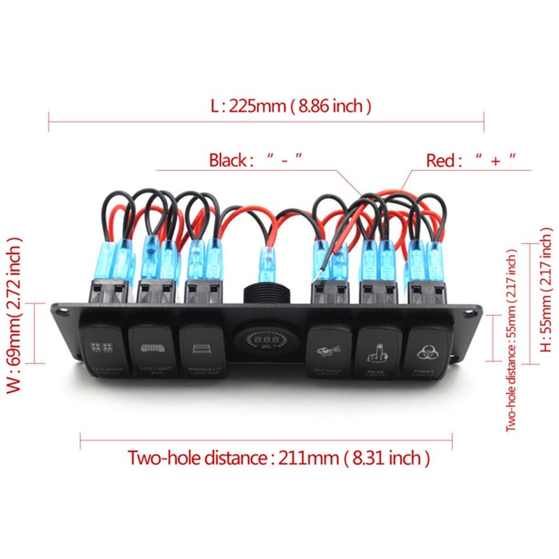 6 Gang Toggle Rocker Switch Panel Colorful LED Voltmeter for