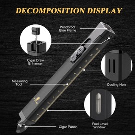 TISFA Cigar Lighter, Cigar Punch, Cigar Draw Enhancer, Cigar Length Measuring Tools, All-in-one Refillable Butane Lighter, Windproof and Portable Pen Torch Lighter (Black)