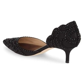 XYD Women's Pumps, Elegant Pointed Toe, D'Orsay Kitten Low Heels, Rhinestone Studs, Slip-On Satin Shoes for Wedding (Size 7, Black)