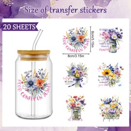 Rngmsi Bible UVDTF Cup Wraps - 20 Sheets Watercolor Flower UV DTF Decals for 16 oz Glass Mugs, Waterproof Spanish Rub on Transfer Stickers for DIY Wood Photo Frames Crafts