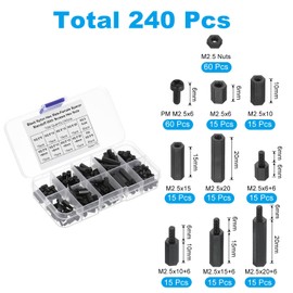 PATIKIL M2.5 Male Female Nylon Hex Spacer Standoff Kit, 240Pcs Motherboard Standoffs Assortment Kit, Electrical Outlet Spacers, Screws Nuts for PCB Motherboard, Circuit Board, Black