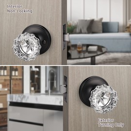 KNOBWELL 2 Pack Classic Round Glass Door Knobs Interior, Passage Clear Crystal Door Knobs for Hall and Closet, Matte Black Vintage Door Knob