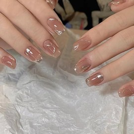 Square Press On Nails Nude Press on Nails Short, Glue On Nails for Daily Wear Gift, Supremely Fit & Natural Reusable Stick On Nails Artificial Nails for Women and Girls 24pcs French