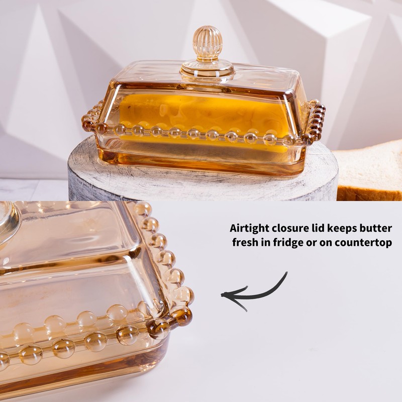 Glass Butter Dish with Lid for Countertop, Champagne Color Crystal