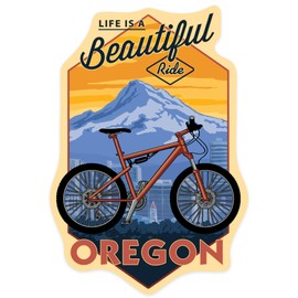 Die Cut Sticker Oregon, Life is a Beautiful Ride, Bike and Mt. Hood, Contour Vinyl Sticker 3 to 6 inches, (Waterproof Decal for Cars, Water Bottles, Laptops, Coolers), Large