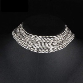 Anglacesmade Bohemia Layered Choker Necklace Shiny Tennis Chain Choker Rhinestone Choker Crystal Necklace Multi Strands Choker for Women and Girls(Silver)