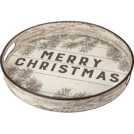 Primitives by Kathy Decorative Tray - Merry Christmas Sentiment on a Round Rustic Metal Holiday Tray Featuring slatted Wood Background Print Featuring Distressed Details & Cut Out Handles