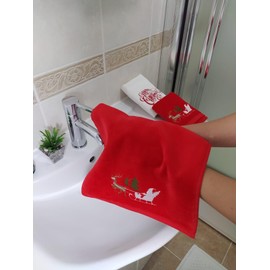 Merry Christmas Hand Towels Set, 100% Soft Cotton, Basket Stuffers, (12X20 Inches) Decor Hand Towels Gift Packed, Decorative Hand Towels, Ideal for Kitchen and Bathroom Use (light red, 2)