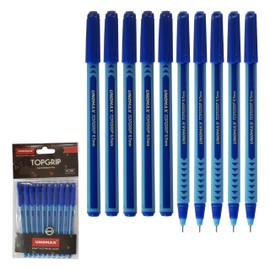 TOPGRIP Ballpoint Pens, BLUE, Fine Point (0.7mm), Pack of 10, Perfect Triangular Grip, Smooth Ball Pens, Ideal for School Office Home Use, iZOFAX Black Ball Pen