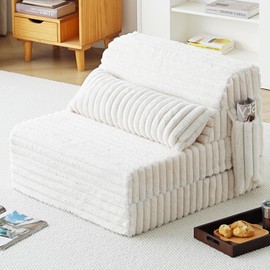 Tiita Folding Sofa Bed - 4-Fold Convertible Sleeper Chair with Corduroy Cover and Rectangular Pillow, Floor Sofa Mattress for Adults, Single Size, Beige