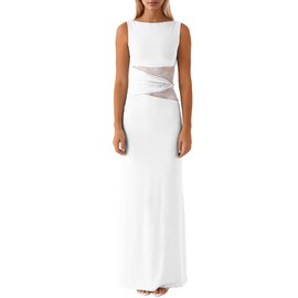 Women’s Long Dress Translucent Hollow Lace Twist Belt Solid Color See Through Elegant Sexy Party Night Club Outfit Maxi Dress