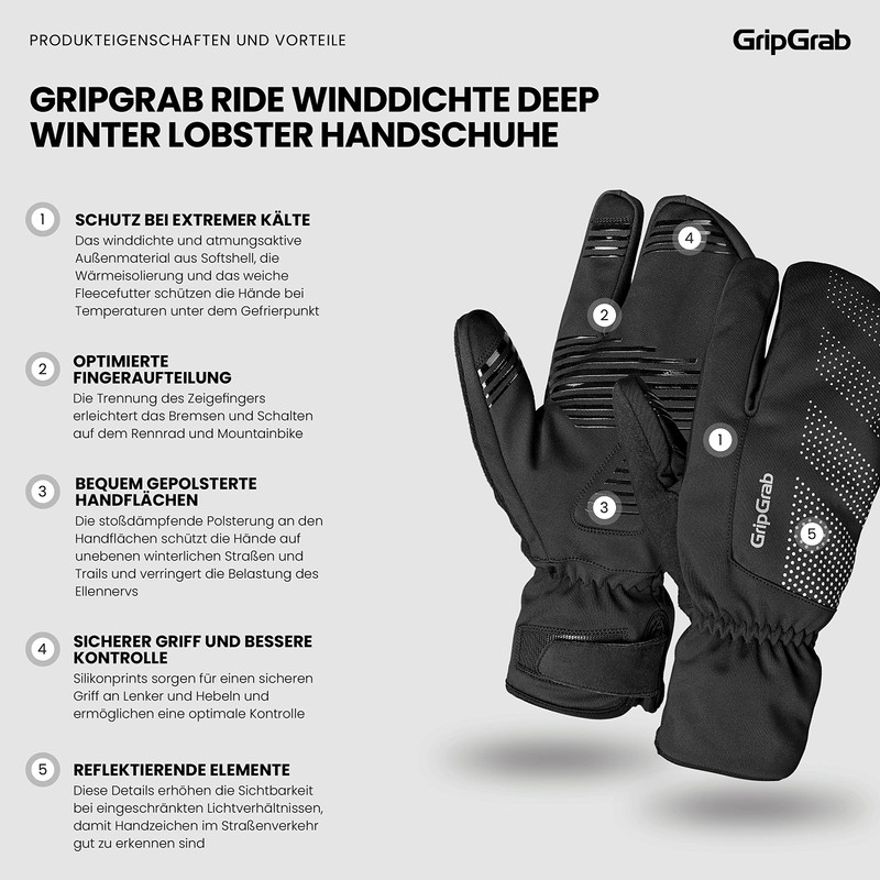 GripGrab Ride Windproof Deep Winter 3-Finger Lobster Cycling Gloves Warm