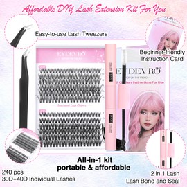 DIY Lash Extension Kit 240 pcs Lash Clusters Eyelash Extension Kit, 30D40D Individual Lashes with Lash Bond and Seal and Lash Applicator Tweezers D Curl 8-16mm Mixed Length Clusters Lashes by EYDEVRO