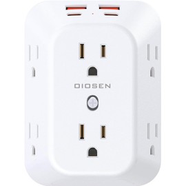 OIOSEN Enchufe múltiples de Pared, Extensor de Enchufe de 6 Puertos con 4 Puertos USB de Carga (2 USB C), Adaptador de Enchufe de Pared con regleta en 4 Lados para Hogar y Oficina (Blanco)