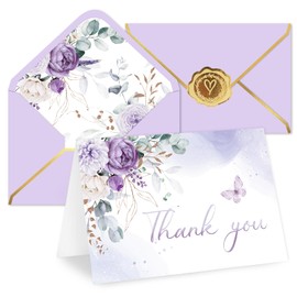 Whaline 50 Pack Purple Floral Thank You Card Lavender Flower Greeting Card with Envelope Sticker Blank Note Card for Baby Shower Spring Party Invitation Supplies, 4 x 6 Inch