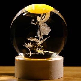 Arikyrist 3D Fairy Crystal Ball Lamp Decor Fairy Figurines Glass Sphere Paperweight with LED Wooden Base, 3D Laser Engraved Glass Fairy Figurines Night Light Gifts for Home Office Decor.