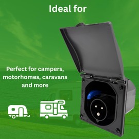 Flush Mounted 240V 16A Caravan Socket with Hinged Lid – IP44 Splash Proof 3-Pin Electrical Hook Up for Motorhomes, Campervans & Trailers (Black)