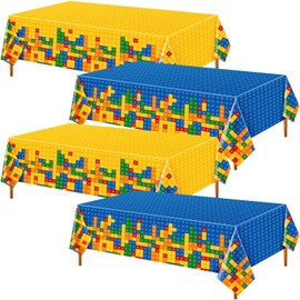 Oudain 4 Pcs Building Block Tablecloths Colorful Building Blocks Birthday Party Decorations 54 x 108 Inch Disposable Plastic Brick Table Cover Waterproof Brick Themed Party Supplies (Yellow,Blue)