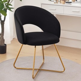 Furniliving Velvet Vanity Chair with Curved Back, Upholstered Barrel Desk Chair with Gold Legs, Mid Century Modern Accent Chair for Living Room, Dressing Room, Bedroom, Black