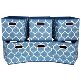 Square Fabric Cube Storage Bins 10.5x10.5 x 11In Blue Cloth Storage Cubes Baskets Foldable Storage Boxes Decorative Cubicle Strorage Inserts Cubes Drawer Organizer Closet,QY-SC09-6