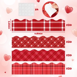 BeYumi 80Pcs Valentine's Day Red Plaid Bulletin Board Borders Red Heart Scalloped Plaid Border Trim Valentine's Day Themed School Classroom Office Party Chalkboard Blackboard Whiteboard Decoration