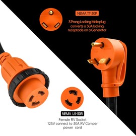 25 FT 30 Amp to 30 Amp Generator RV Adapter Cord with Locking Connector Plug NEMA TT-30P Male to L5-30R Female Dogbone RV Trailer Camper, Generator Transfer Switch Adapter, STW 10/3 Gauge