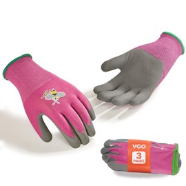 Vgo... 3 Pairs of Children's Gardening Gloves Age 3-9 Natural Latex Handle Breathable Gardening & DIY Safety Gloves, Machine Washable for Outdoor Play (3 Pairs, Size XXS, Purple, RB6013-KID)