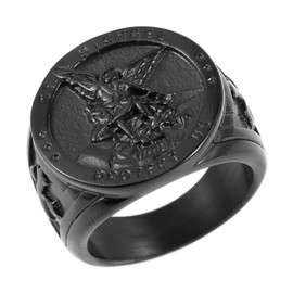 HZMAN St. Michael Ring for Men Women Stainless Steel San Miguel The Great Protector Archangel Figurine Amulet Ring (Black,9)
