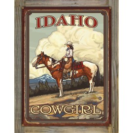 Northwest Art Mall Idaho Summer Cowgirl Rustic Metal Print on Reclaimed Barn Wood from Travel Artwork by Artist Paul A. Lanquist 17" x 23"