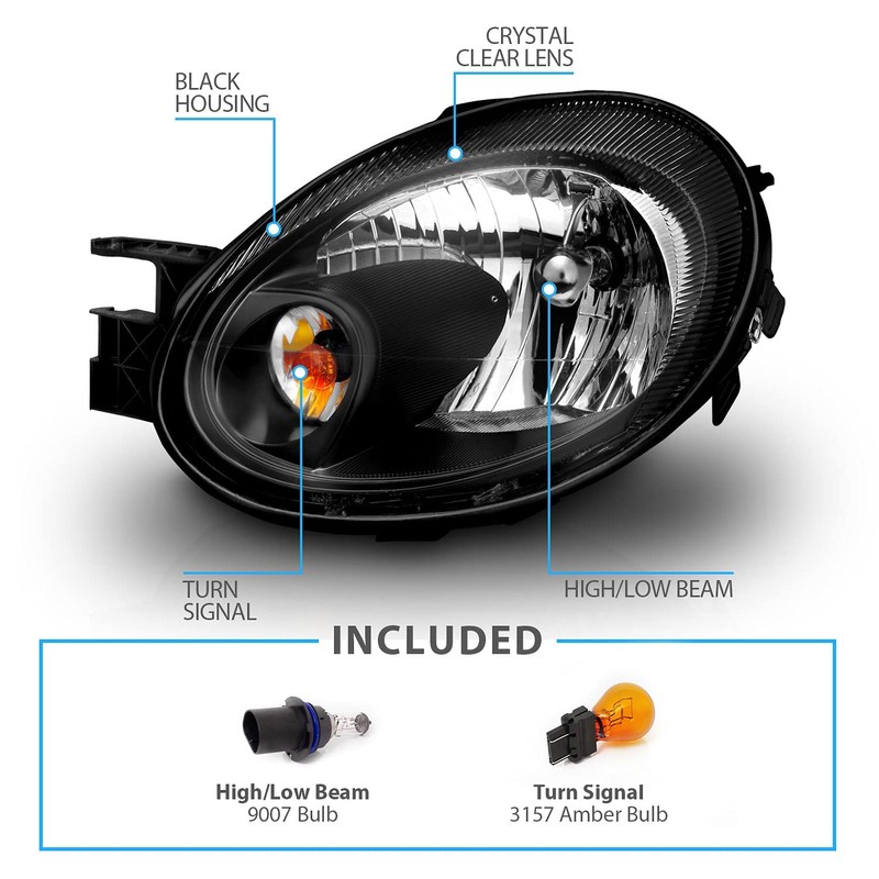 AmeriLite Black Replacement Headlights Set For 03-05 Dodge Neon -