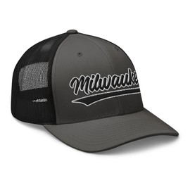 Vintage Milwaukee Baseball Script Mesh Retro Milwaukee Trucker Hat Cap Charcoal/Black