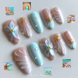 Luxury Press on Nails Short Almond Handmade 3D Unique Reusable ABS Material Fake Nails Summer French Tip False Nails with Designs Flower Shell Blue Glossy Glue on Nails Thick Acrylic Nails(M)