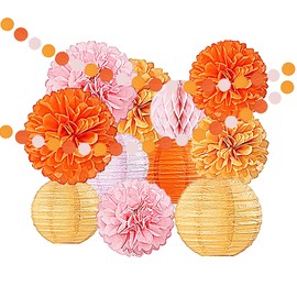 SINGOMON 13PCS Boho Decorations Boho Paper Lanterns Orange Pink Tissue Paper Pom Poms Kit Pink Paper Lanterns Orange Yellow Pink Circle Dots Hanging Garlands for Baby Shower Birthday Decorations