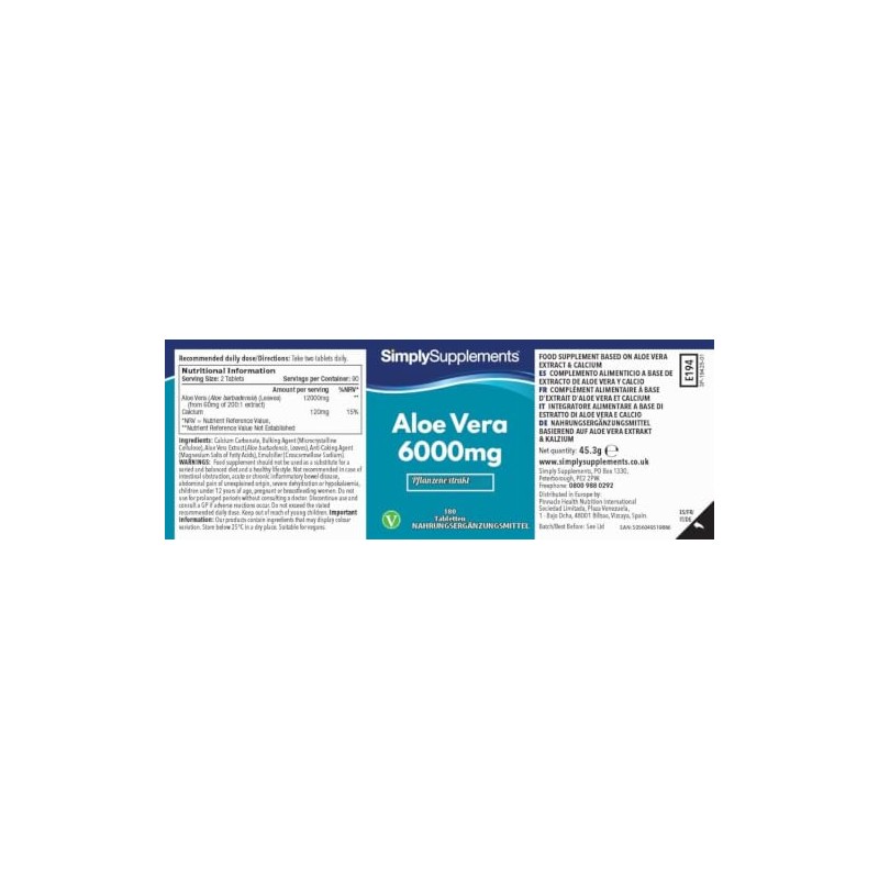 Aloe Vera 6000 mg – 180 Tablets – Suitable for