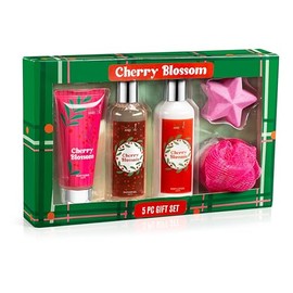 Freida & Joe Cherry Blossom Bath & Body Gift Set – 5-Piece Spa Collection for Women | Shower Gel, Body Lotion, Body Scrub, Bath Bomb | Relaxing Self-Care Kit, Birthday & Holiday Gift Box