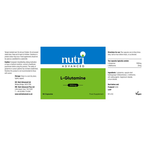 Nutri Advanced - L-Glutamine 500mg 90 Capsules - Support Muscle Function and Gut Health - High Strength Amino Acid