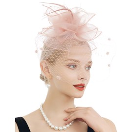 FELIZHOUSE Fascinators for Women Tea Party Hat Birdcage Veil Feather Flower Cocktail Wedding Headband with Clip