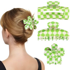 Sunolga 3PCS 80s Vintage Checkered Flower Hair Clips for Women Retro Banana Clip for Hair Claw Clips for Thick Hair Straight Wavy Curly Large Small Non-Slip Y2K Hair Claws Accessories
