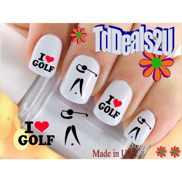 Sports - Golf - I Love Golf Golfer Swing Nail Decals - WaterSlide Nail Art Decals - Highest Quality! Made in USA