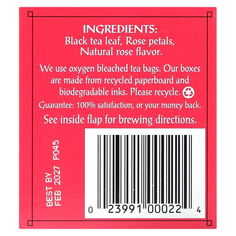 Triple Leaf Tea Rose Black Tea, 20 Tea Bags, 1.06
