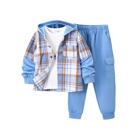 Fdqin 2Pcs Kids Boys Flannel Plaid Shirt Tops Pants Set Hoodie Sweatsuit for Fall Winter Spring Outfits Blue 9-10Year