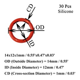 Ofowin [30 Pcs] Silicone O-Rings Red 14mm OD 12mm ID 1 mm Width, Metric VMQ Sealing Gasket for Cup Lids, Coffee Maker, Brewing Fitting, Washer, Filter, Pump, Plumbing, Hose, Gauge, Auto, Machine