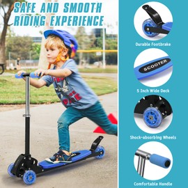 ADUBENRY 3 Wheel Scooters for Kids 3-7, Foldable Kids Kick Scooter, 3 Adjustable Levels Kid Scooter Blue