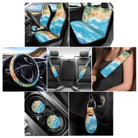Wanyint Beach Ocean Starfish Car Seat Cover Set of 11pc with Front Back Seats 15 Inch Universal fit Steering Wheel Cover + Seat Belt Strap Cover + Cup Holder Coasters + Auto Keychains