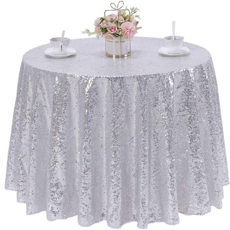 WISPET Silver Sequin Tablecloth 108" Round Sparkly Drape Table Cloths