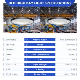 WTL 150W UFO LED High Bay Light，108V-132V，16500LM High Bay Led Shop Lights，5000k UFO Lights ，IP65 Waterproof Commercial Bay Lighting，Shop Light for Warehouse, Garage, Factor,4Pack